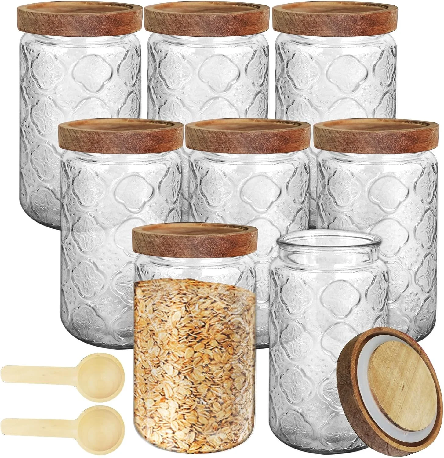 ست 8 عددی شیشه های مربا LECEHIVO با درب و قاشق، طرح گل بگونیا، ظرفیت 1000 میلی لیتر، شیشه های نگهداری مواد غذایی درب دار مناسب برای نگهداری قهوه، شکر، غلات، آرد، جو دوسر و چای در آشپزخانه