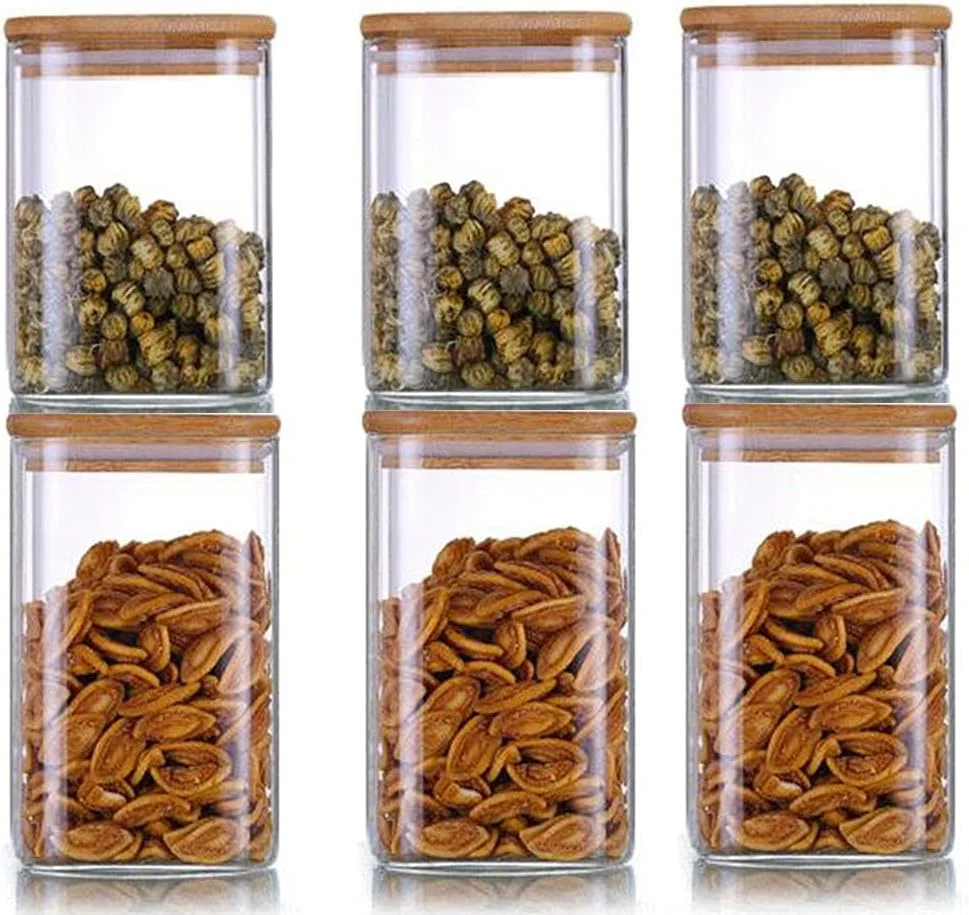 ست 6 عددی ظروف نگهداری مواد غذایی مربعی Lushh با درب بامبو محکم، ظروف نگهداری قابل چیدن برای آشپزخانه و انبار، ایده آل برای قهوه، چای، کلوچه، آبنبات، آجیل، ادویه جات، غلات، 900/1100 میلی لیتر