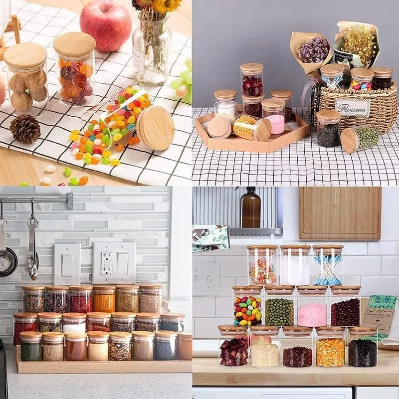 ست ظروف شیشه ای ماه میر 300 میلی لیتر، ست 12 عددی ظروف ادویه شیشه ای ماه میر با درب های بامبو و برچسب های هواگیر، ظروف نگهداری غلات و ادویه جات برای آشپزخانه منزل، چای، گیاهان دارویی، قهوه، آرد، حبوبات (گرد)