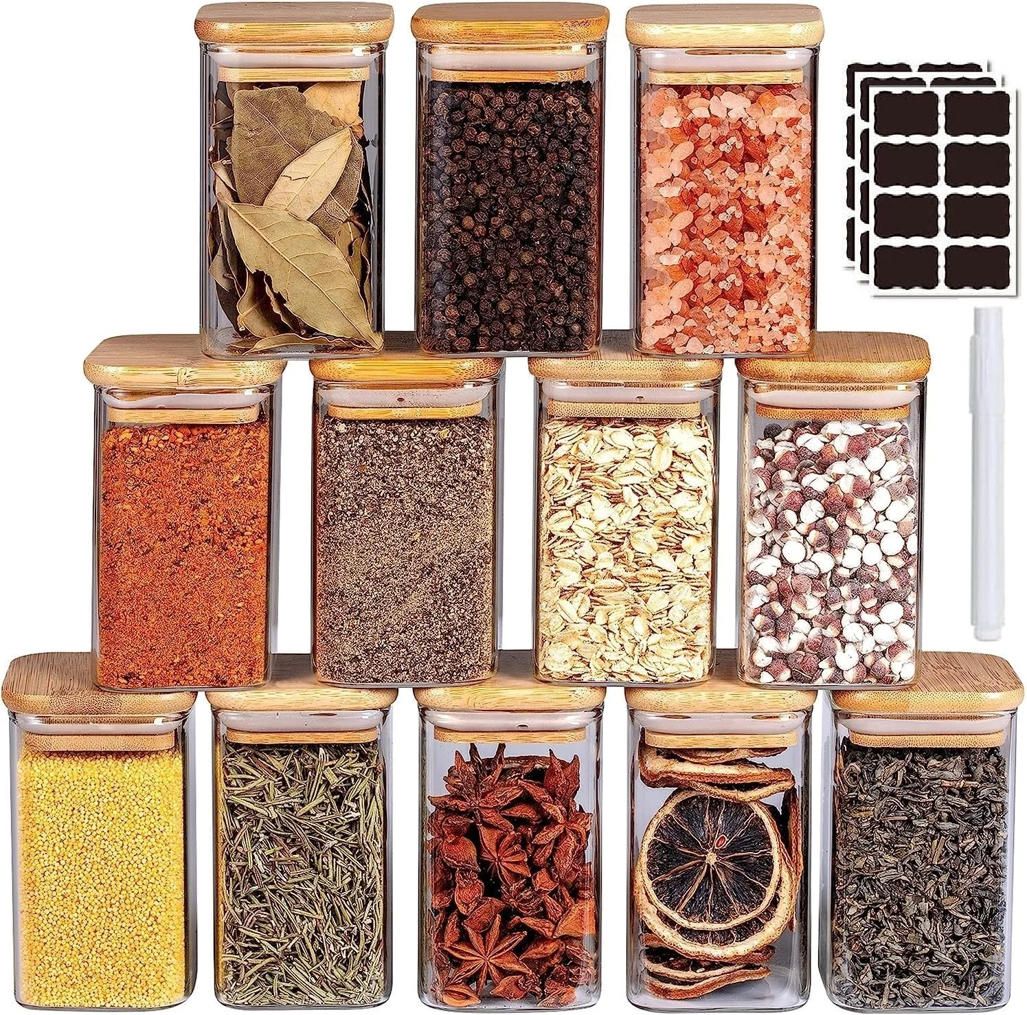 ست ظروف شیشه ای ماه میر 300 میلی لیتری، ست 12 عددی ظروف ادویه شیشه ای با درب های بامبو و برچسب های هواگیر، ظروف نگهداری غلات غذایی ادویه جات برای آشپزخانه خانگی چای گیاهان قهوه آرد غلات (مربعی)