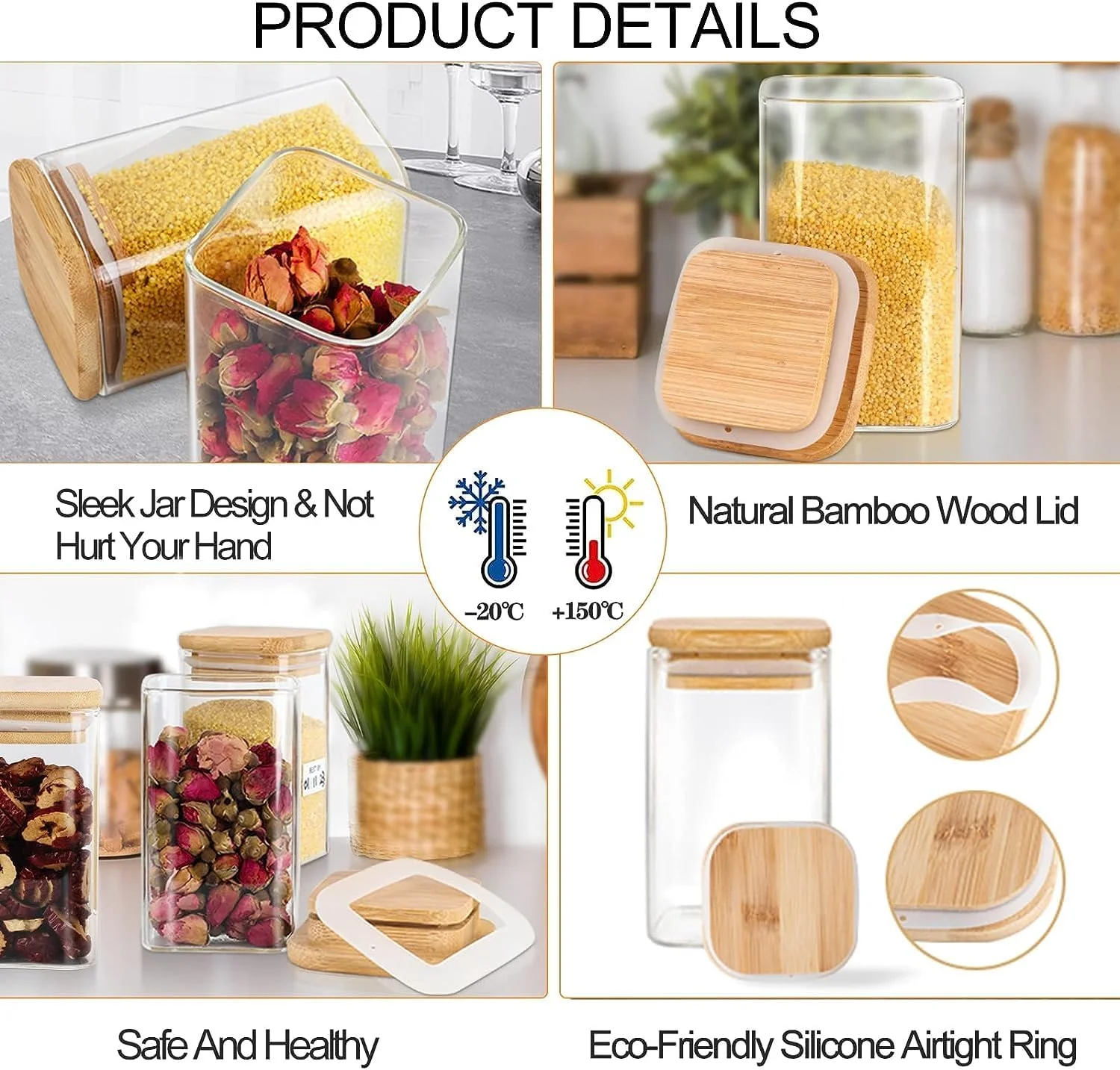 ست ظروف شیشه ای ماه میر 300 میلی لیتری، ست 12 عددی ظروف ادویه شیشه ای با درب های بامبو و برچسب های هواگیر، ظروف نگهداری غلات غذایی ادویه جات برای آشپزخانه خانگی چای گیاهان قهوه آرد غلات (مربعی)