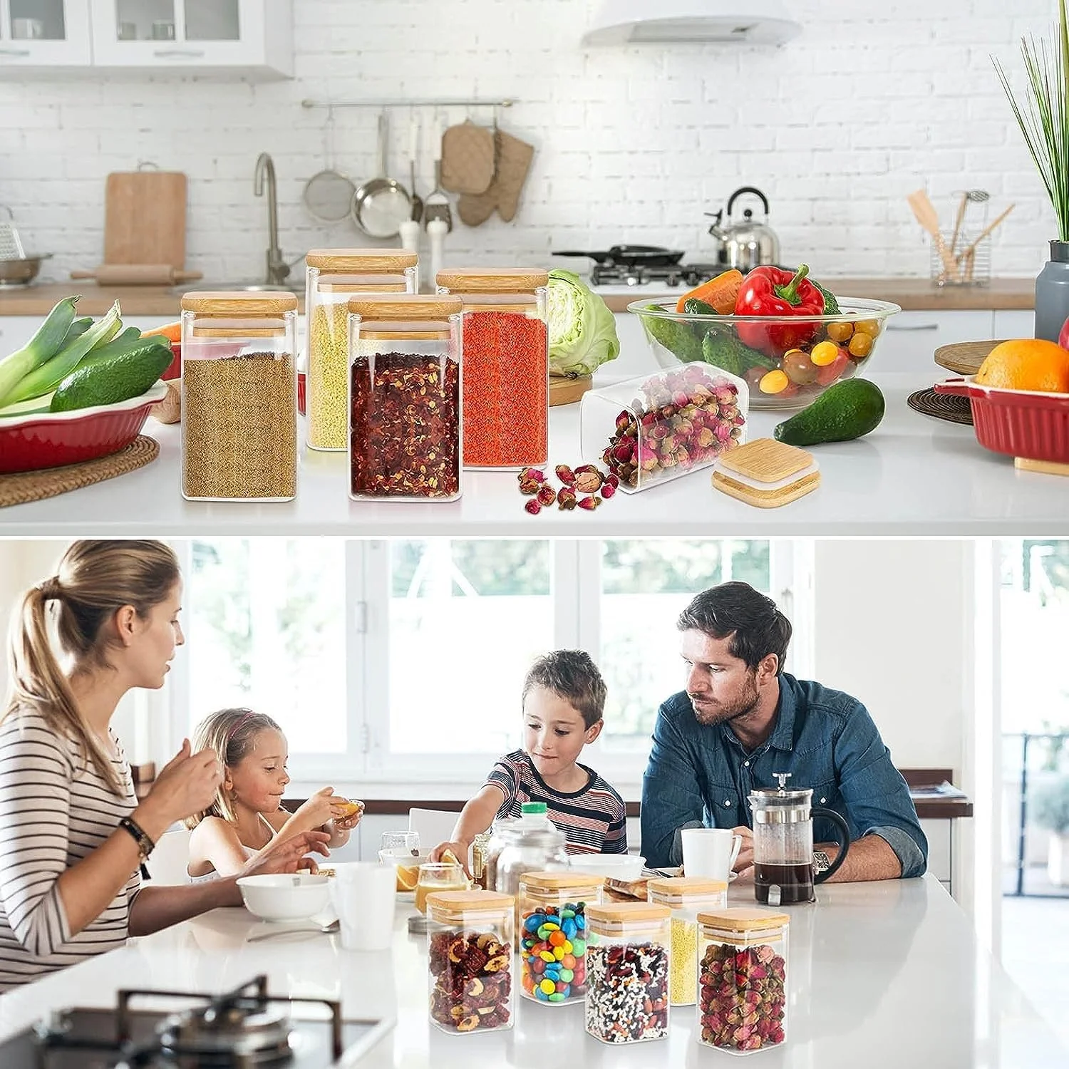 ست ظروف شیشه ای ماه میر 300 میلی لیتری، ست 12 عددی ظروف ادویه شیشه ای با درب های بامبو و برچسب های هواگیر، ظروف نگهداری غلات غذایی ادویه جات برای آشپزخانه خانگی چای گیاهان قهوه آرد غلات (مربعی)