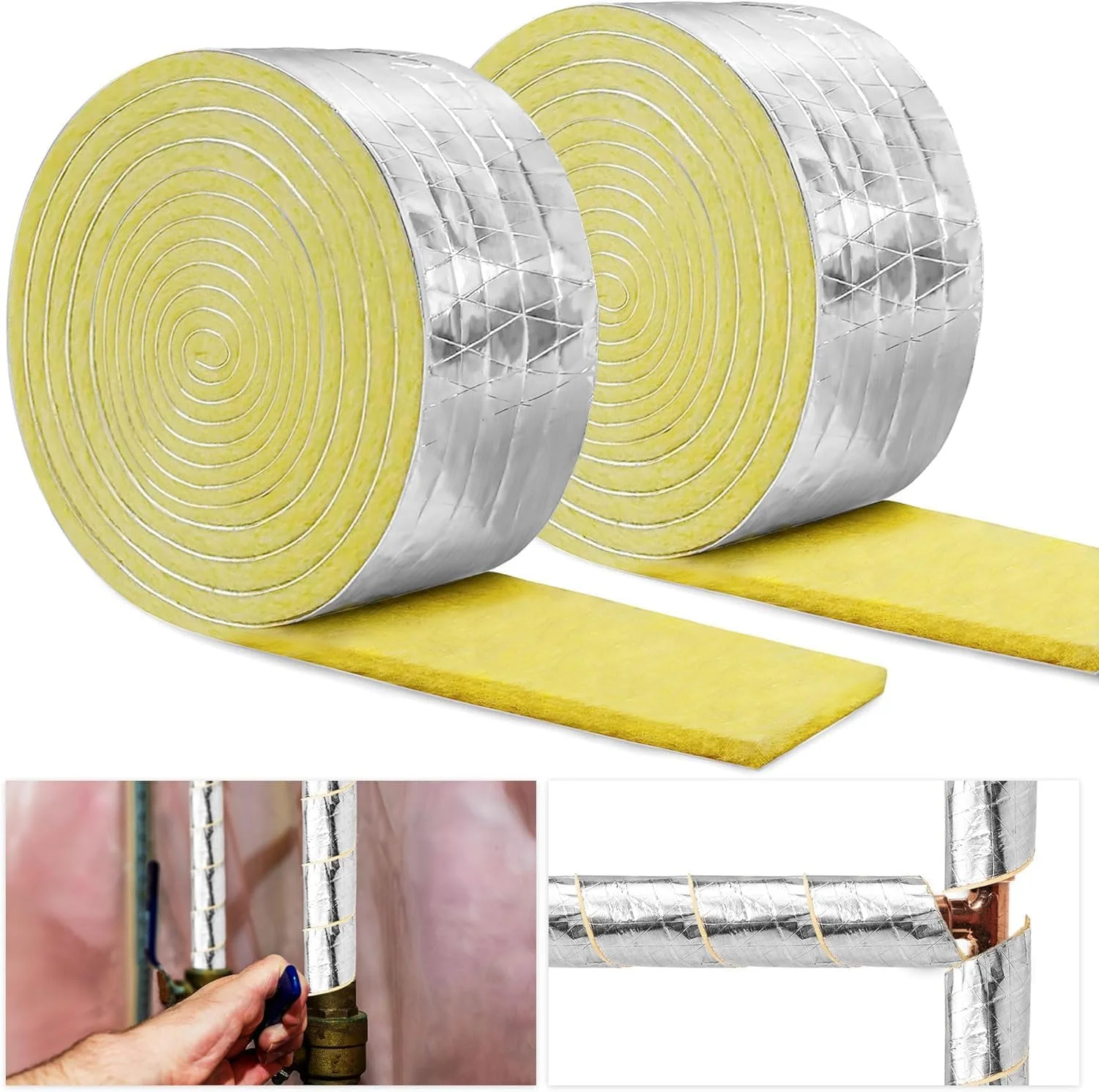 نوار عایق لوله فایبرگلاس با پشت فویل دار، نوار فوم عایق لوله، نوار عایق لوله سرامیکی آب برای عایق کاری لوله های داخلی و خارجی در هوای سرد، 10 متر، 2 عدد