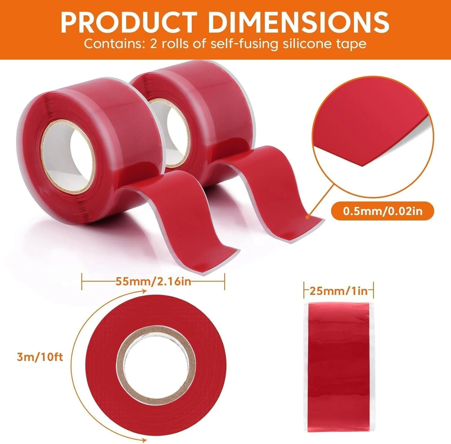 نوار سیلیکونی Joyzzz، 2 رول 2.5 سانتی‌متری در 3 متری خود چسب، نوار لاستیکی مقاوم در برابر حرارت بالا برای تعمیر نشتی لوله کشی، لوله شلنگ و عایق کابل (قرمز)