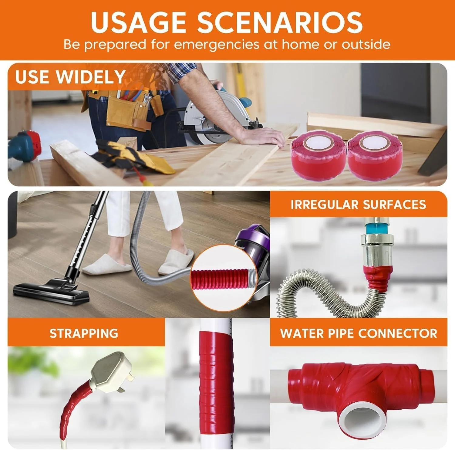 نوار سیلیکونی Joyzzz، 2 رول 2.5 سانتی‌متری در 3 متری خود چسب، نوار لاستیکی مقاوم در برابر حرارت بالا برای تعمیر نشتی لوله کشی، لوله شلنگ و عایق کابل (قرمز)