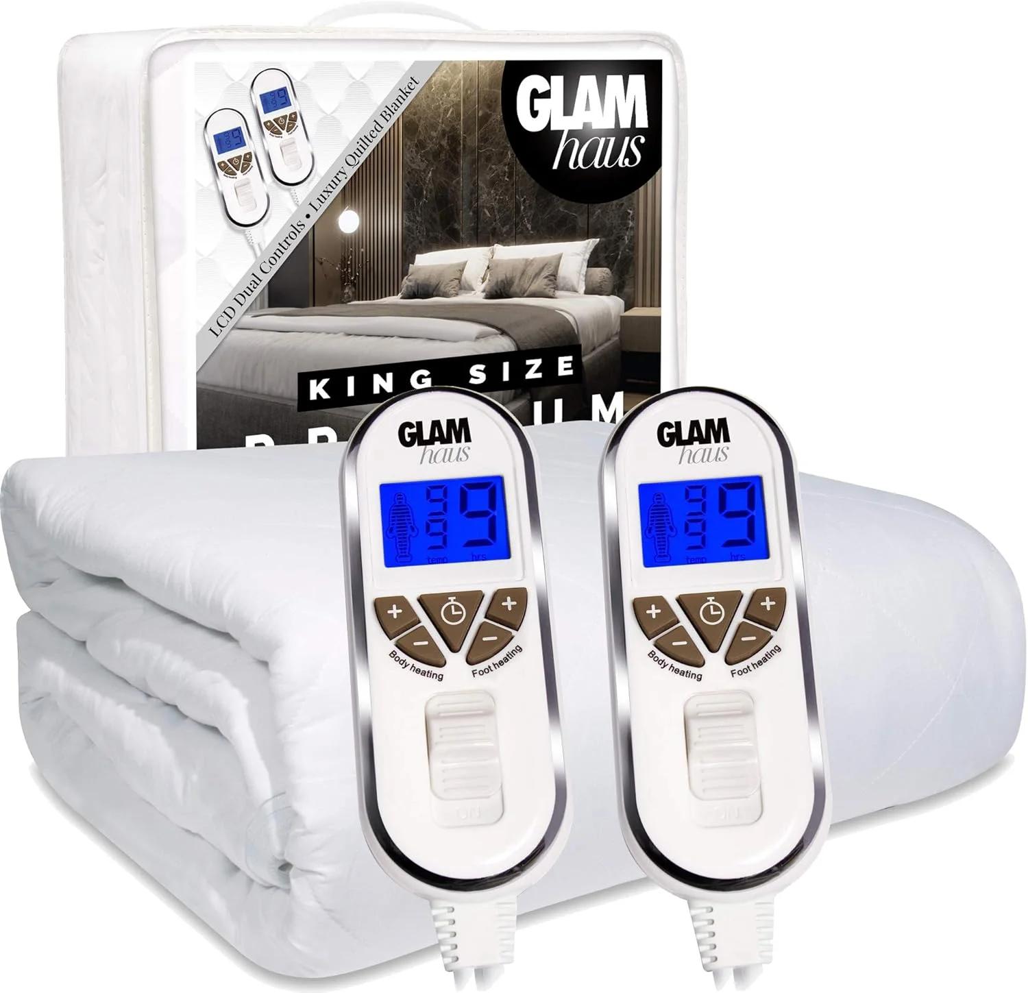 پتو برقی دو نفره GlamHaus با کنترل دوگانه - مناسب برای تشک و تخت با دامن کشی - طرح لوزی سفید ممتاز - تنظیمات حرارت/تایمر - قابل شستشو در ماشین لباسشویی