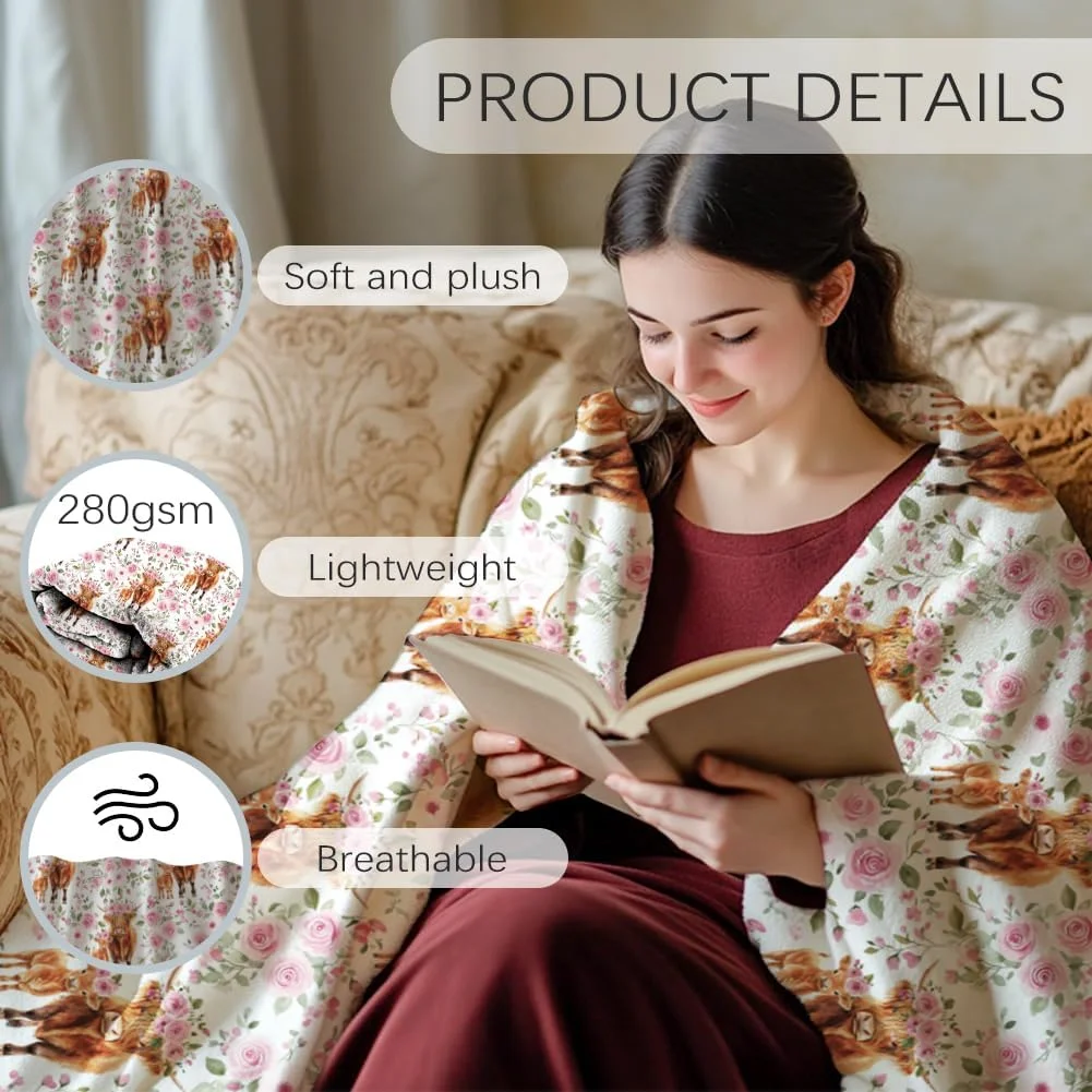 پتوی گلوبلند طرح گاو کوهستانی با گل رز، 150x130 سانتی متر، پتوی نرم و لطیف فلانل، قابل شستشو، مناسب برای خانه، دفتر، اتاق، تخت، مبل، صندلی، هدیه