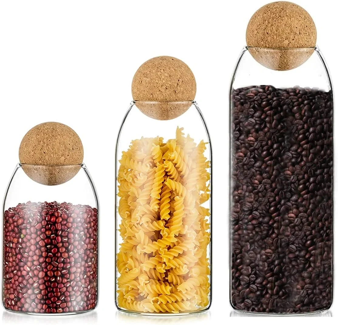 ظروف شیشه ای نگهداری مواد غذایی نیوفلم با درب چوبی توپی، ظروف نگهداری شیشه ای بامبو با مهر و موم خوب و مناسب برای پیشخوان آشپزخانه، انبار، چای، شکر، آرد، شیشه بوروسیلیکات شفاف چوب پنبه ای درب دار