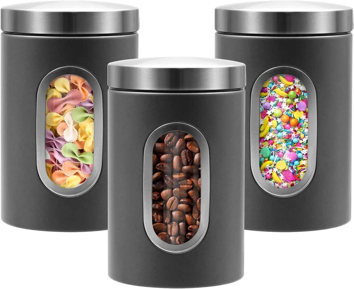 ست ظروف حبوبات NimbusNote برای آشپزخانه، 3 عدد ظروف نگهداری شکر، آرد، چای و قهوه، ظروف استیل ضد زنگ برای سازماندهی مواد غذایی در آشپزخانه با پنجره شفاف (خاکستری)