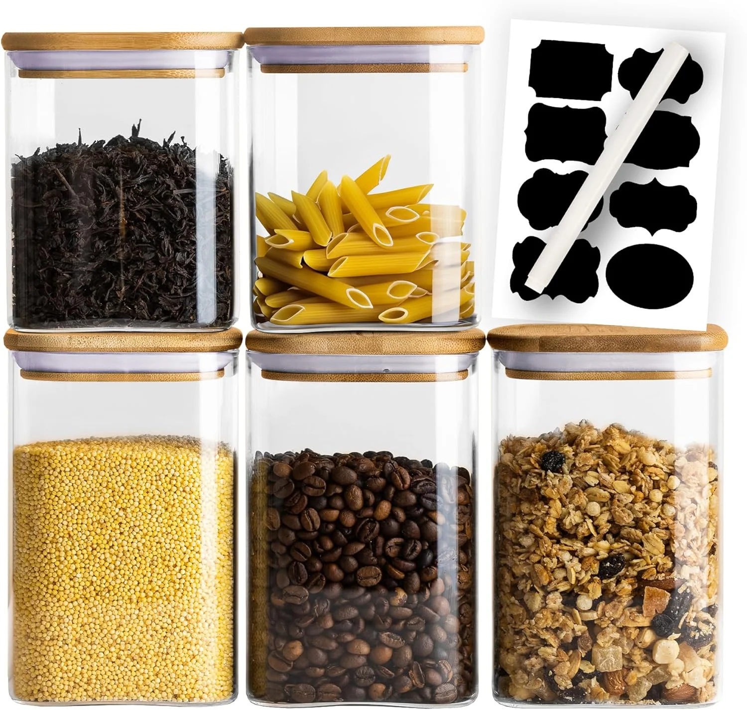 ست 5 تایی ظروف شیشه ای برای نگهداری مواد غذایی در کابینت، ظروف شیشه ای بوروسیلیکات مربع با درب بامبو، شیشه کوکی، ظروف شیشه ای درب دار برای نگهداری مواد غذایی در کابینت، پاستا، برنج، آرد، شکر، چای، حبوبات