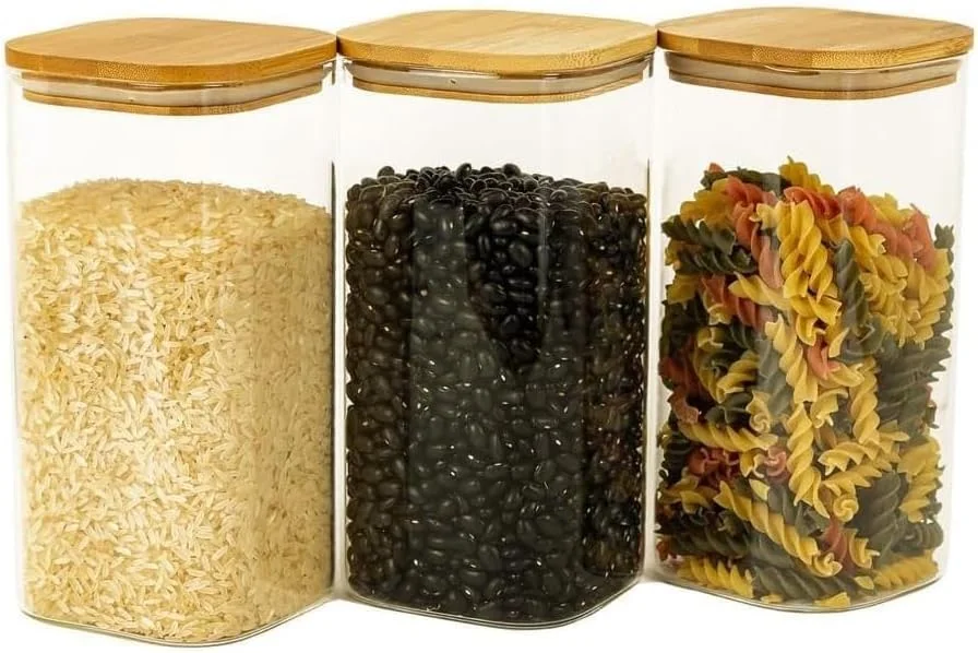 ست 3 عددی ظروف شیشه ای ذخیره سازی اوایله با درب بامبو، ظرف مربع مهر و موم شده، ظروف نگهداری مواد غذایی برای برنج/دانه های قهوه/غلات/پاستا/آرد/شکر/کوکی ها/آبنبات (مربع 8×20 سانتی متر)