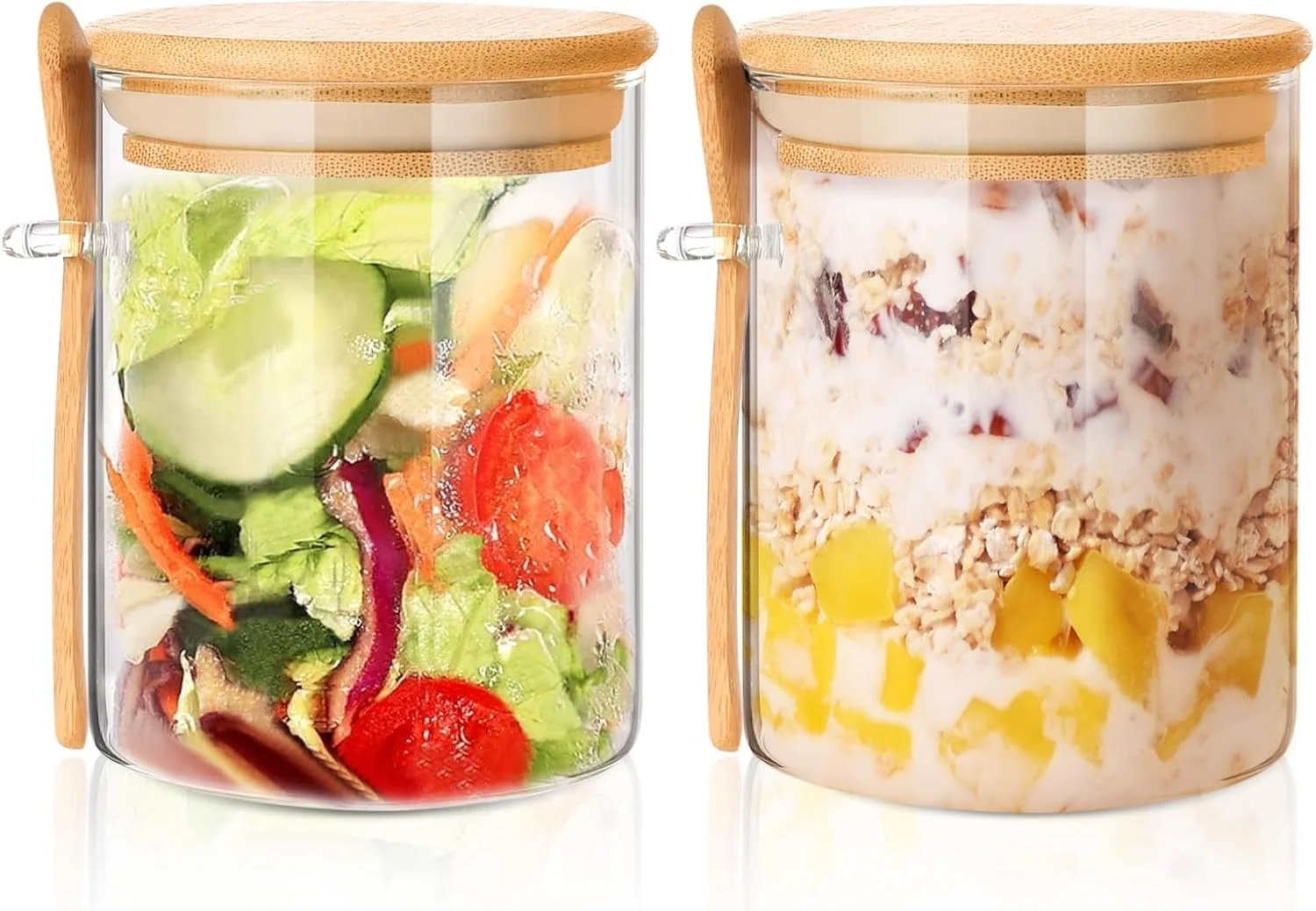 بسته 2 عددی ظروف بزرگ 740 میلی لیتری برای اوت میل شبانه با درب، شیشه های اوت میل شبانه با قاشق، شیشه های شیشه ای با درب بامبو، شیشه های سالاد با درب برای آماده سازی وعده های غذایی پودینگ دانه چیا، ماست، غلات، قهوه، آرد