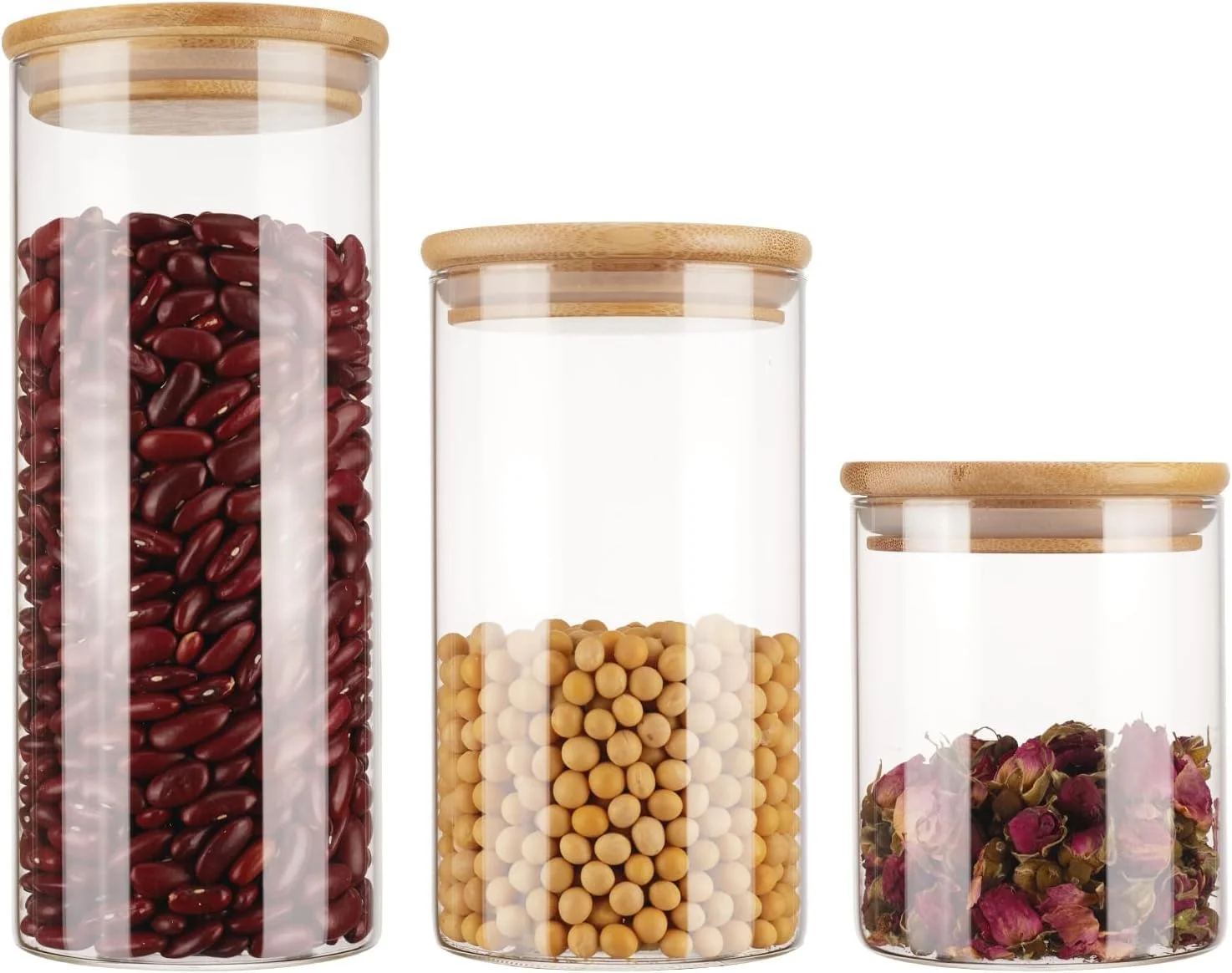 ست 3 تایی ظروف شیشه ای درب بامبو PICCASIO™، ظروف شفاف بوروسیلیکات بالا، ظروف نگهداری مواد غذایی در اندازه های مختلف برای حبوبات، اسپاگتی، پاستا، غلات، گیاهان، چای، شکر، ظروف شیک برای نگهداری مواد غذایی