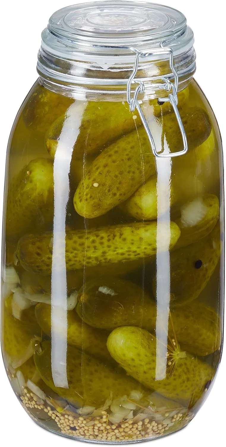 شیشه نگهداری Relaxdays، 3 لیتری، با درب گیره ای، برای ترشی، کنسرو و نگهداری مواد غذایی در انبار، شفاف، 80% آهن 10% سیلیکون