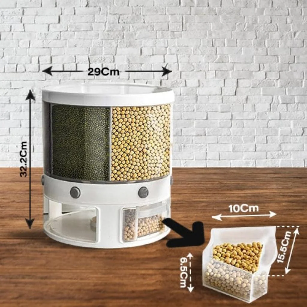 ظرف نگهداری غلات، پخش کننده چرخشی مواد غذایی سفید رنگ، ظرف بزرگ نگهداری غلات با درب محکم، مخزن بزرگ شفاف برای نگهداری آرد، برنج، دانه های سویا به همراه هدیه کوچک