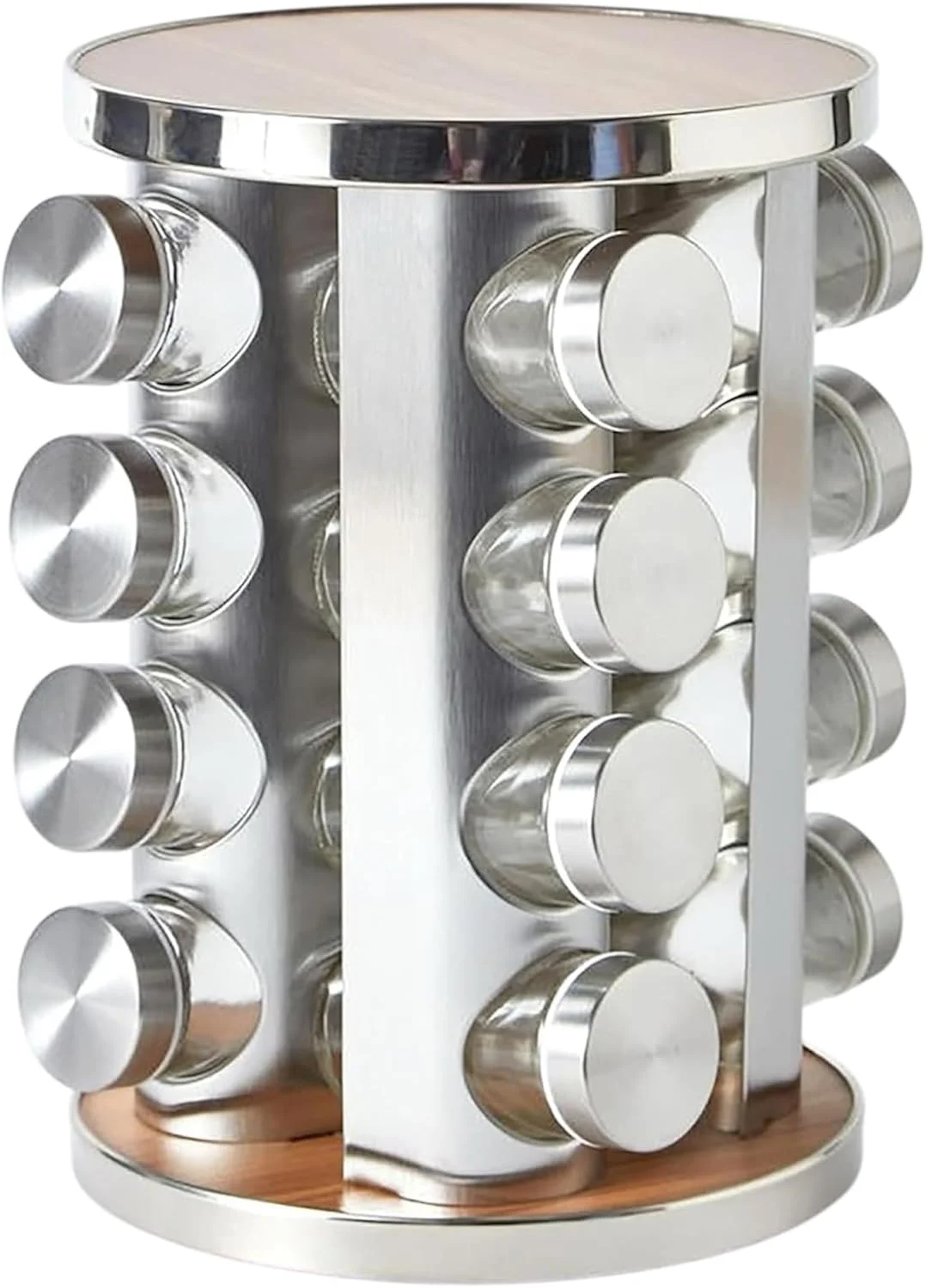 جا ادویه چرخشی با 16 شیشه – استیل ضد زنگ چرخان 360 درجه و روکش چوبی – نظم دهنده مدرن ادویه برای آشپزخانه و کابینت