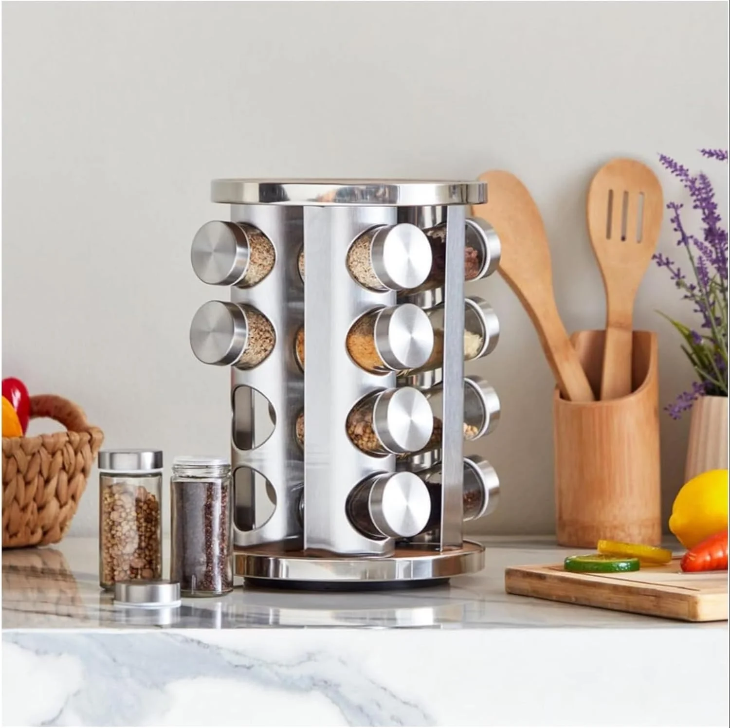 جا ادویه چرخشی با 16 شیشه – استیل ضد زنگ چرخان 360 درجه و روکش چوبی – نظم دهنده مدرن ادویه برای آشپزخانه و کابینت