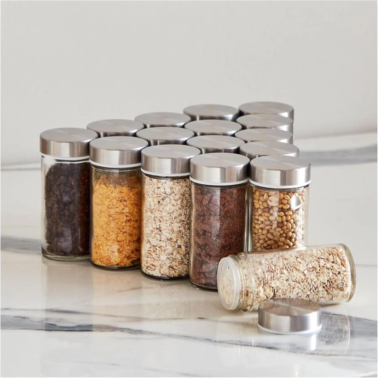 جا ادویه چرخشی با 16 شیشه – استیل ضد زنگ چرخان 360 درجه و روکش چوبی – نظم دهنده مدرن ادویه برای آشپزخانه و کابینت