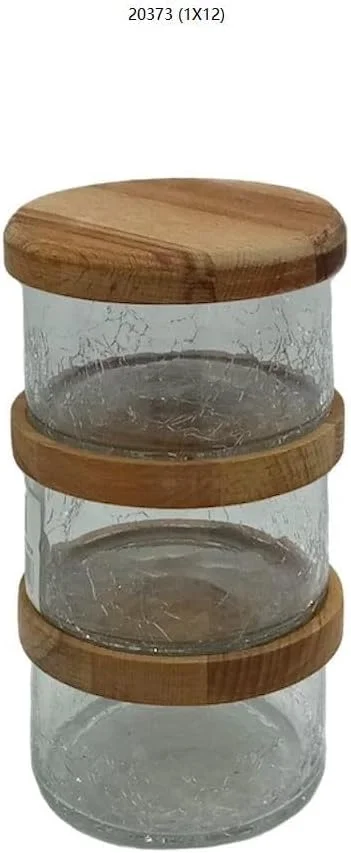 ست 3 تایی ظروف شیشه ای ترک دار قابل انباشتن با درب چوبی هواگیر - ظروف نگهداری تزئینی برای آشپزخانه، انبار یا سازماندهی خانه - طراحی روستایی سازگار با محیط زیست