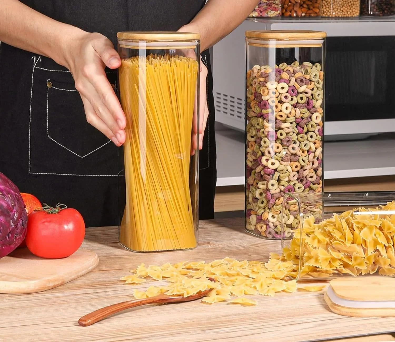ظروف نگهداری پاستا و اسپاگتی شیشه ای مدرن با درب، مجموعه 3 عددی 2100 میلی لیتری، ظروف بلند و شفاف نگهداری مواد غذایی با درب بامبو برای نودل، آرد، شکر، لوبیا، ظرف مربعی اسپاگتی برای انبار