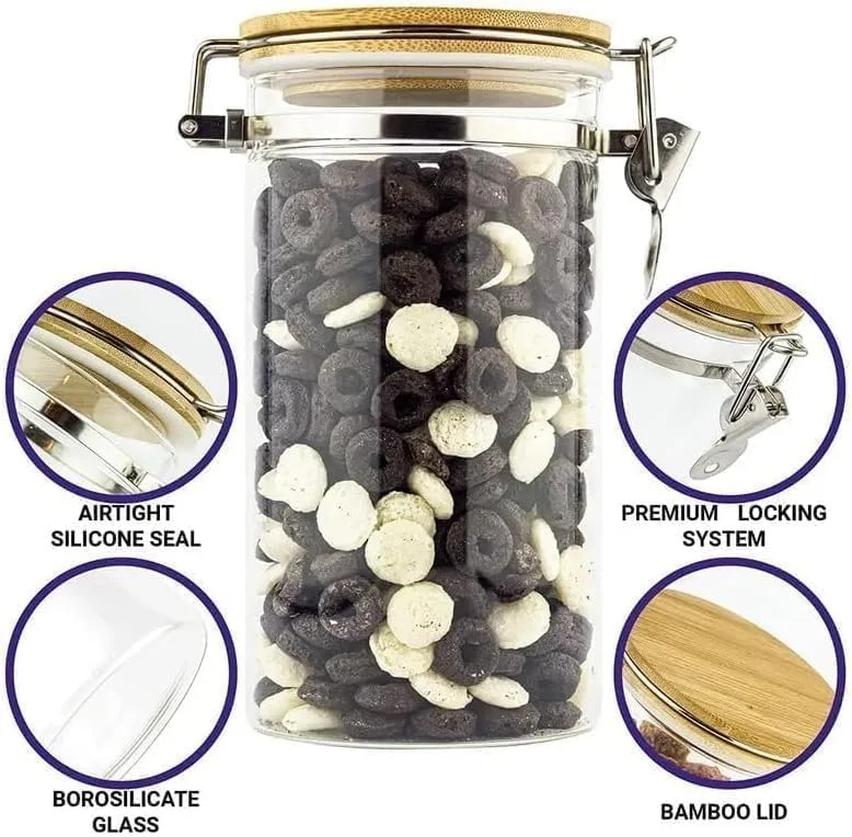 ست 3 عددی ظروف نگهدارنده شیشه ای شفاف و تزئینی با درب چوبی محکم برای مواد غذایی، شکر، نمک - ظرف شیشه ای گیره دار با درب چوبی (ست 3 عددی (1400 میلی لیتر))