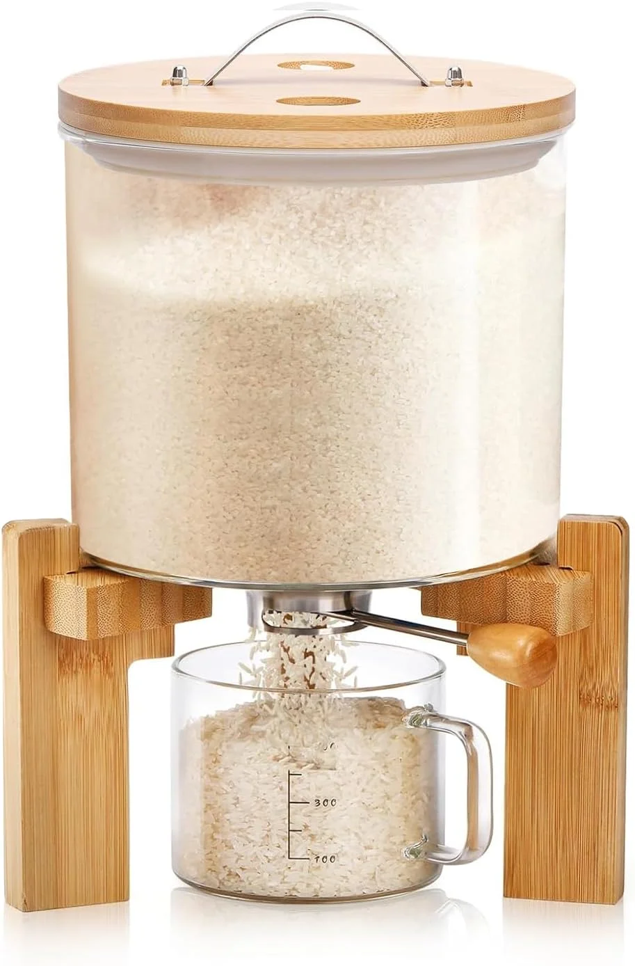 ظرف برنج شیشه ای SPNOR با درب محکم، پایه چوبی و پیمانه اندازه گیری - ایده آل برای نگهداری آرد، غلات و موارد دیگر در آشپزخانه و انبار (5 لیتر)