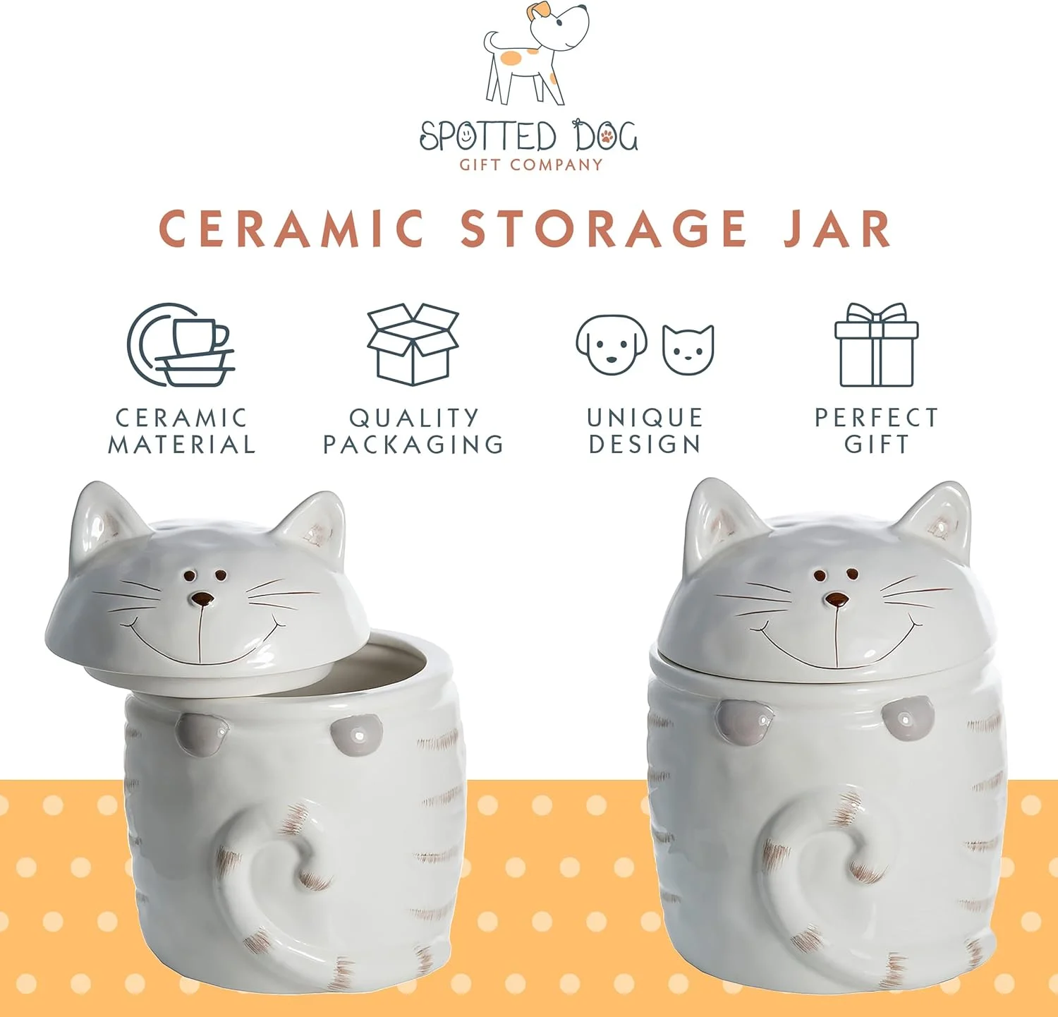 ظرف آشپزخانه گربه ای اسپاتد داگ گیفت، ظرف سرامیکی نگهداری مواد غذایی با درب، ظرف نگهداری خوراکی گربه، لوازم جانبی آشپزخانه، هدیه برای دوستداران گربه، سفید 473 میلی لیتر