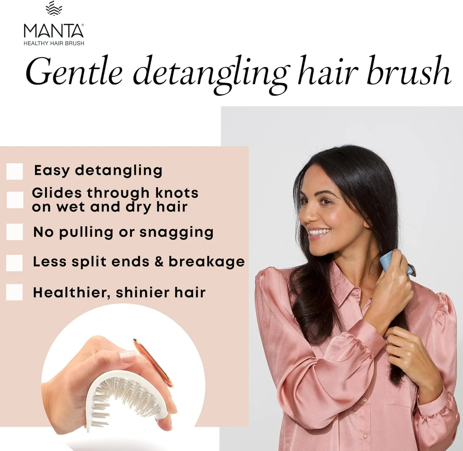 برس موی نشکن مانتا، برس ماساژور پوست سر برای موهای خیس و خشک، برس موی ملایم برای موهای آسیب دیده و انواع مو - برس های باز کننده گره مو برای زنان و مردان، برس موی فر، آبی