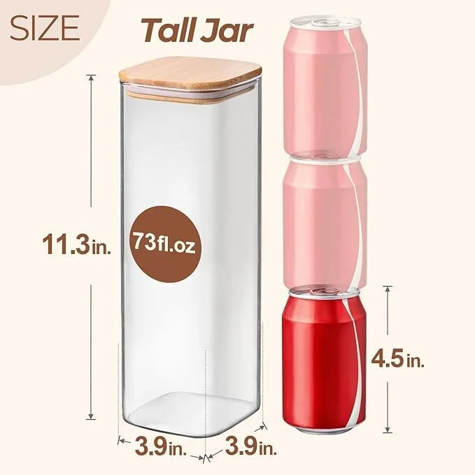 ظروف نگهداری پاستا و اسپاگتی شیشه ای مدرن با درب، مجموعه 3 عددی 2100 میلی لیتری، ظروف بلند و شفاف نگهداری مواد غذایی با درب بامبو برای نودل، آرد، شکر، لوبیا، ظرف مربعی اسپاگتی برای انبار