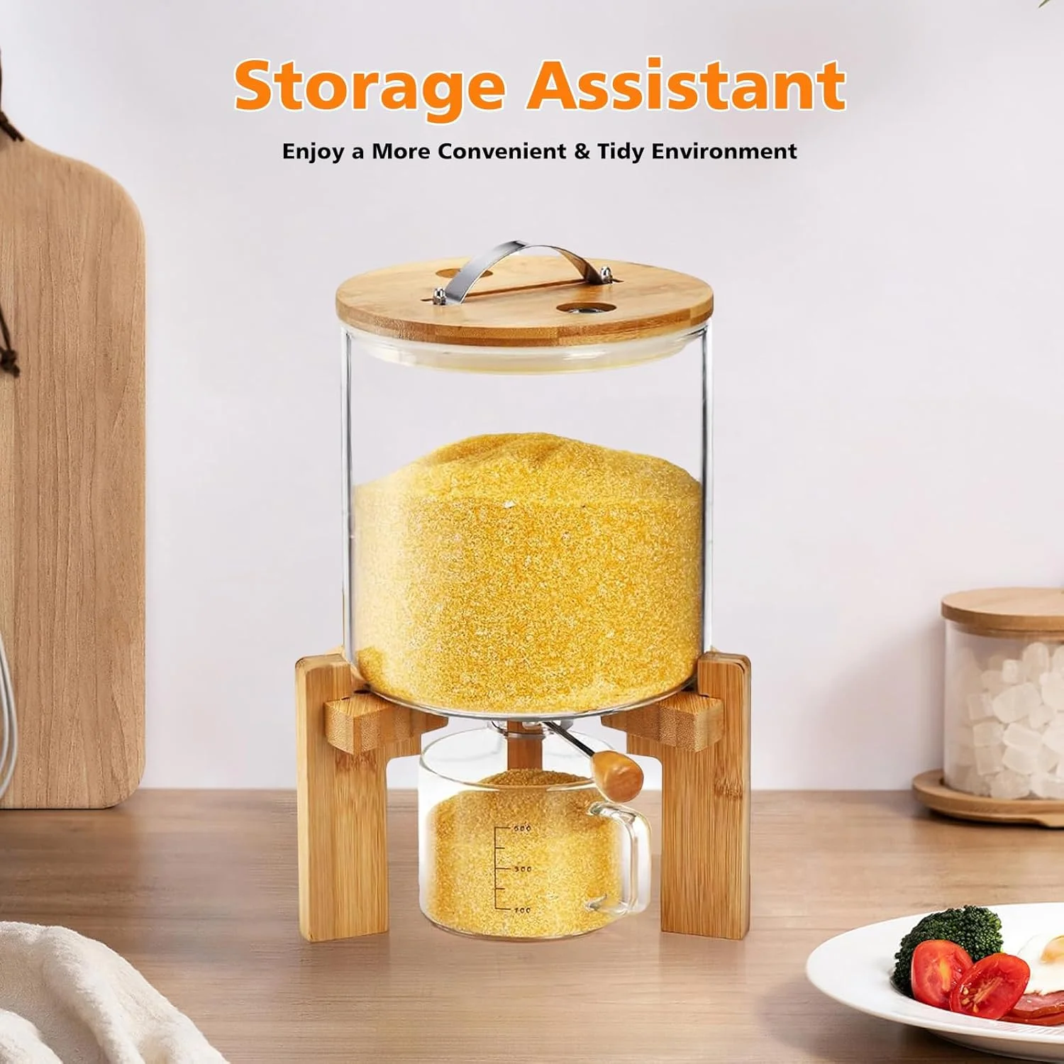 ظرف برنج شیشه ای SPNOR با درب محکم، پایه چوبی و پیمانه اندازه گیری - ایده آل برای نگهداری آرد، غلات و موارد دیگر در آشپزخانه و انبار (5 لیتر)