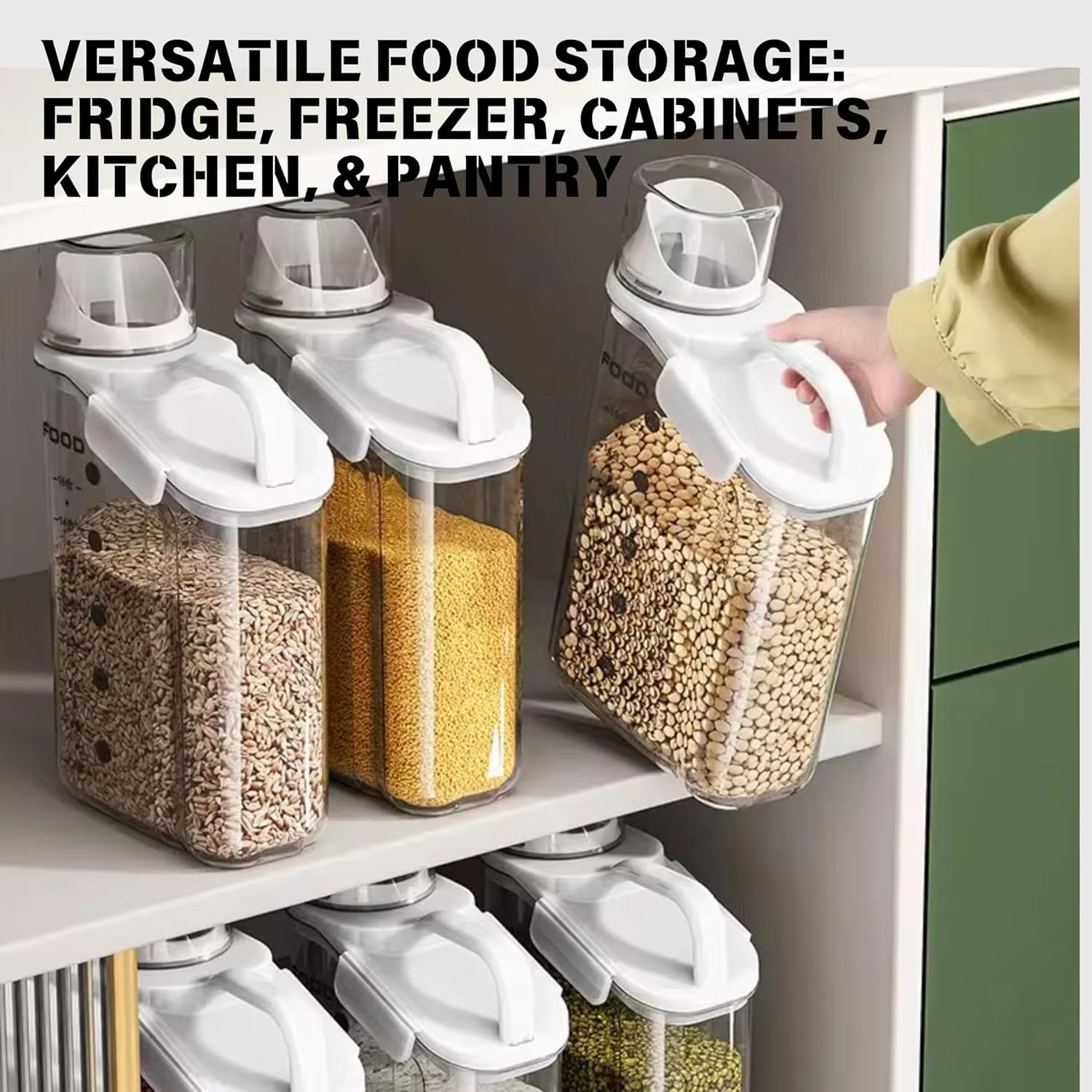 ظرف نگهداری حبوبات آشپزخانه Spark It Home با پیمانه اندازه گیری، دستگیره حمل، مهر و موم ضد نشت و هوا، جعبه نگهداری غلات، غذای حیوانات خانگی، شفاف 2 لیتری سفید، بدون BPA