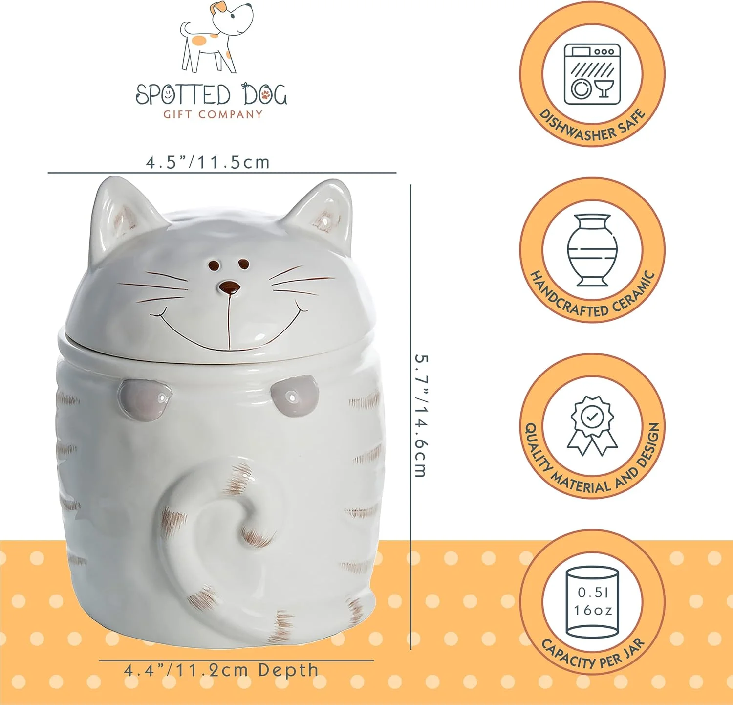 ظرف آشپزخانه گربه ای اسپاتد داگ گیفت، ظرف سرامیکی نگهداری مواد غذایی با درب، ظرف نگهداری خوراکی گربه، لوازم جانبی آشپزخانه، هدیه برای دوستداران گربه، سفید 473 میلی لیتر