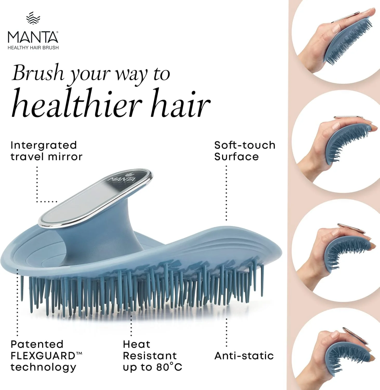 برس موی نشکن مانتا، برس ماساژور پوست سر برای موهای خیس و خشک، برس موی ملایم برای موهای آسیب دیده و انواع مو - برس های باز کننده گره مو برای زنان و مردان، برس موی فر، آبی
