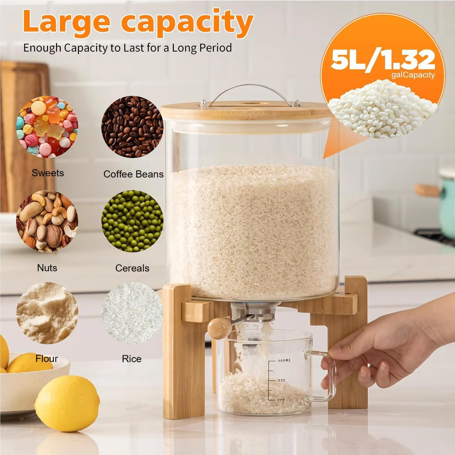 ظرف برنج شیشه ای SPNOR با درب محکم، پایه چوبی و پیمانه اندازه گیری - ایده آل برای نگهداری آرد، غلات و موارد دیگر در آشپزخانه و انبار (5 لیتر)