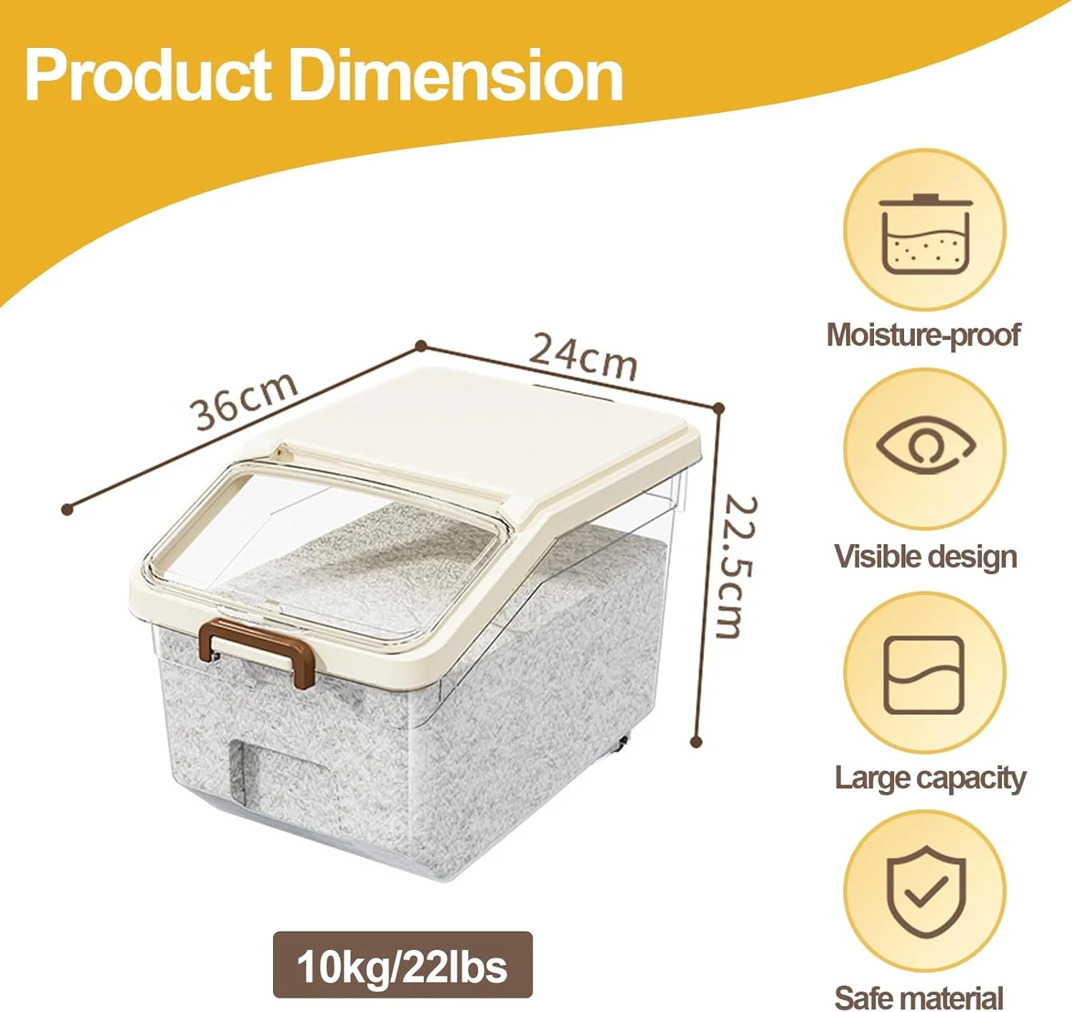 ظرف نگهداری برنج درب دار، ظرف غذا با پیمانه اندازه گیری، برای غلات، حبوبات، پاستا و موارد دیگر، پخش کننده غلات برای آشپزخانه/انبار (سفید - 10 کیلوگرم)