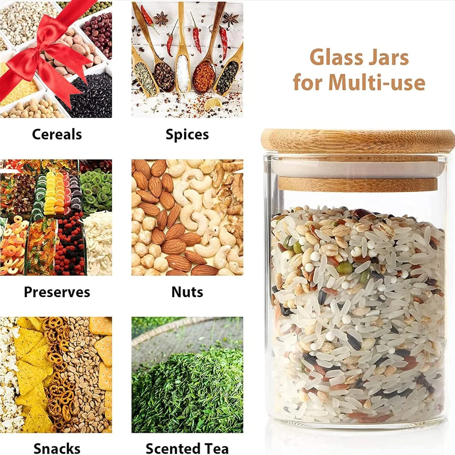 ست ظروف شیشه ای نگهداری مواد غذایی، ست شیشه ادویه، ظروف آشپزخانه با درب های بامبو و برچسب های هواگیر، ظروف شفاف نگهداری مواد غذایی برای شکر، نمک، چای و نگهداری مواد غذایی خشک (12 تکه، 220 میلی لیتر)