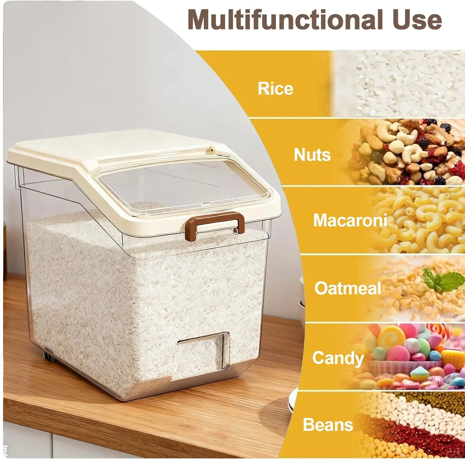 ظرف نگهداری برنج درب دار، ظرف غذا با پیمانه اندازه گیری، برای غلات، حبوبات، پاستا و موارد دیگر، پخش کننده غلات برای آشپزخانه/انبار (سفید - 10 کیلوگرم)