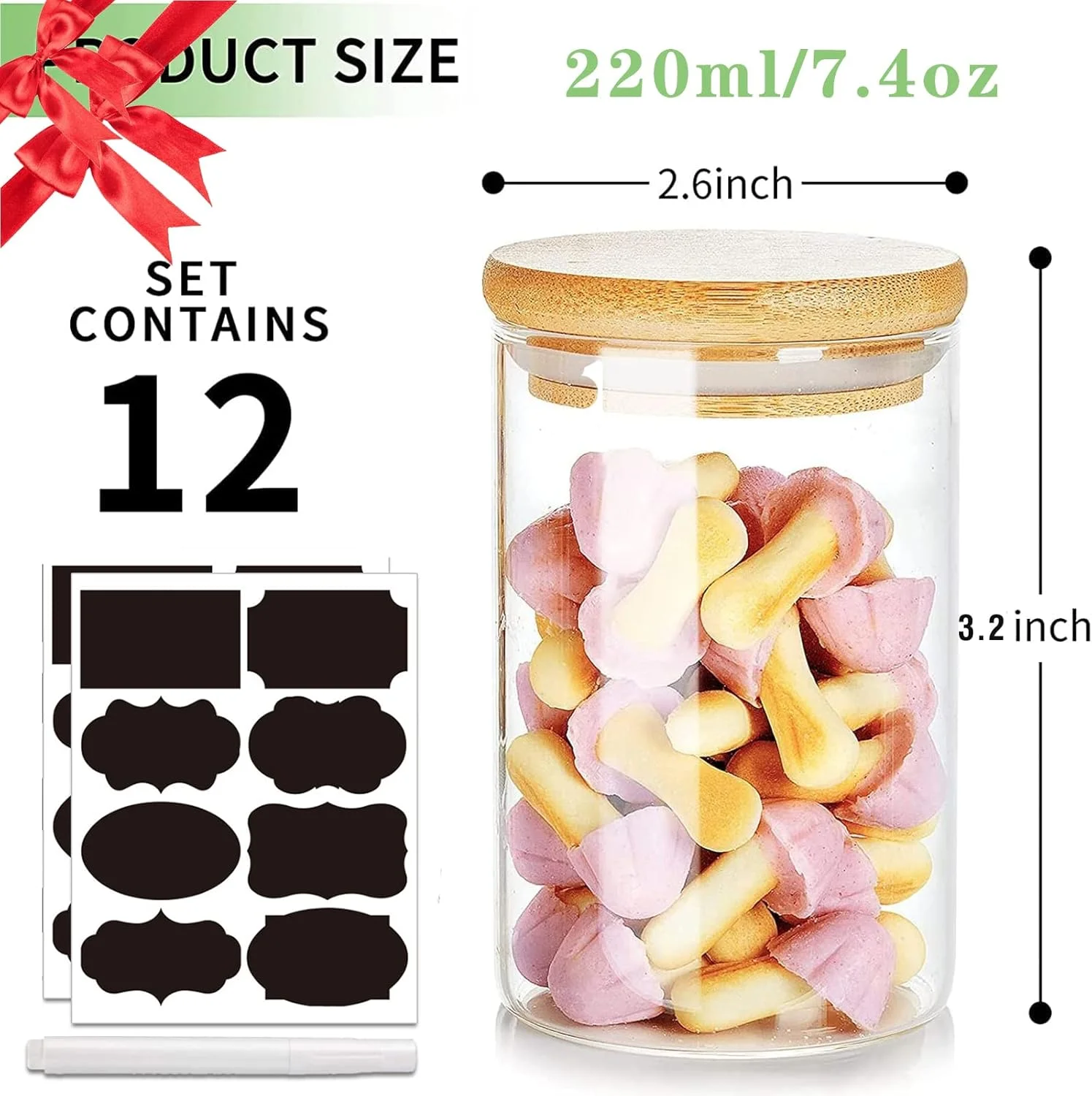 ست ظروف شیشه ای نگهداری مواد غذایی، ست شیشه ادویه، ظروف آشپزخانه با درب های بامبو و برچسب های هواگیر، ظروف شفاف نگهداری مواد غذایی برای شکر، نمک، چای و نگهداری مواد غذایی خشک (12 تکه، 220 میلی لیتر)