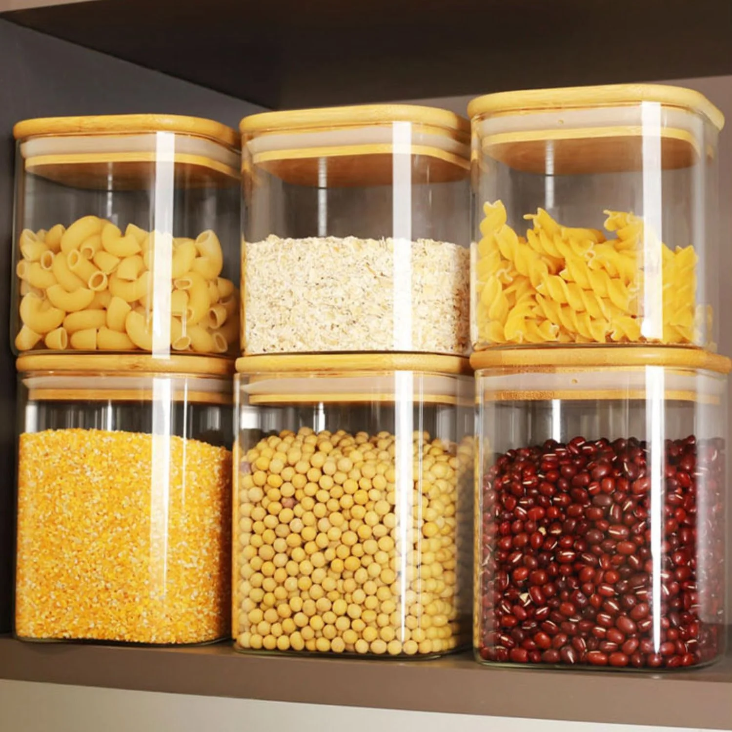 ظروف شیشه ای نگهداری مواد غذایی با درب بامبو، ست 6 عددی، شیشه های آشپزخانه درب دار برای مواد غذایی خشک، سازماندهی کابینت