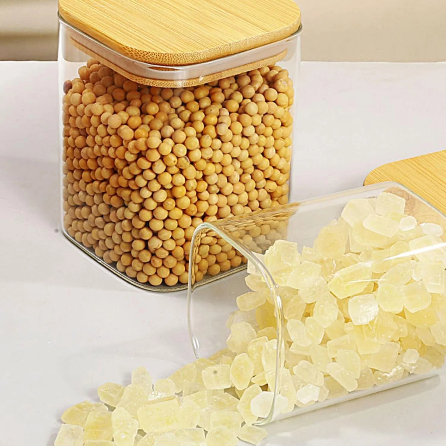 ظروف شیشه ای نگهداری مواد غذایی با درب بامبو، ست 6 عددی، شیشه های آشپزخانه درب دار برای مواد غذایی خشک، سازماندهی کابینت