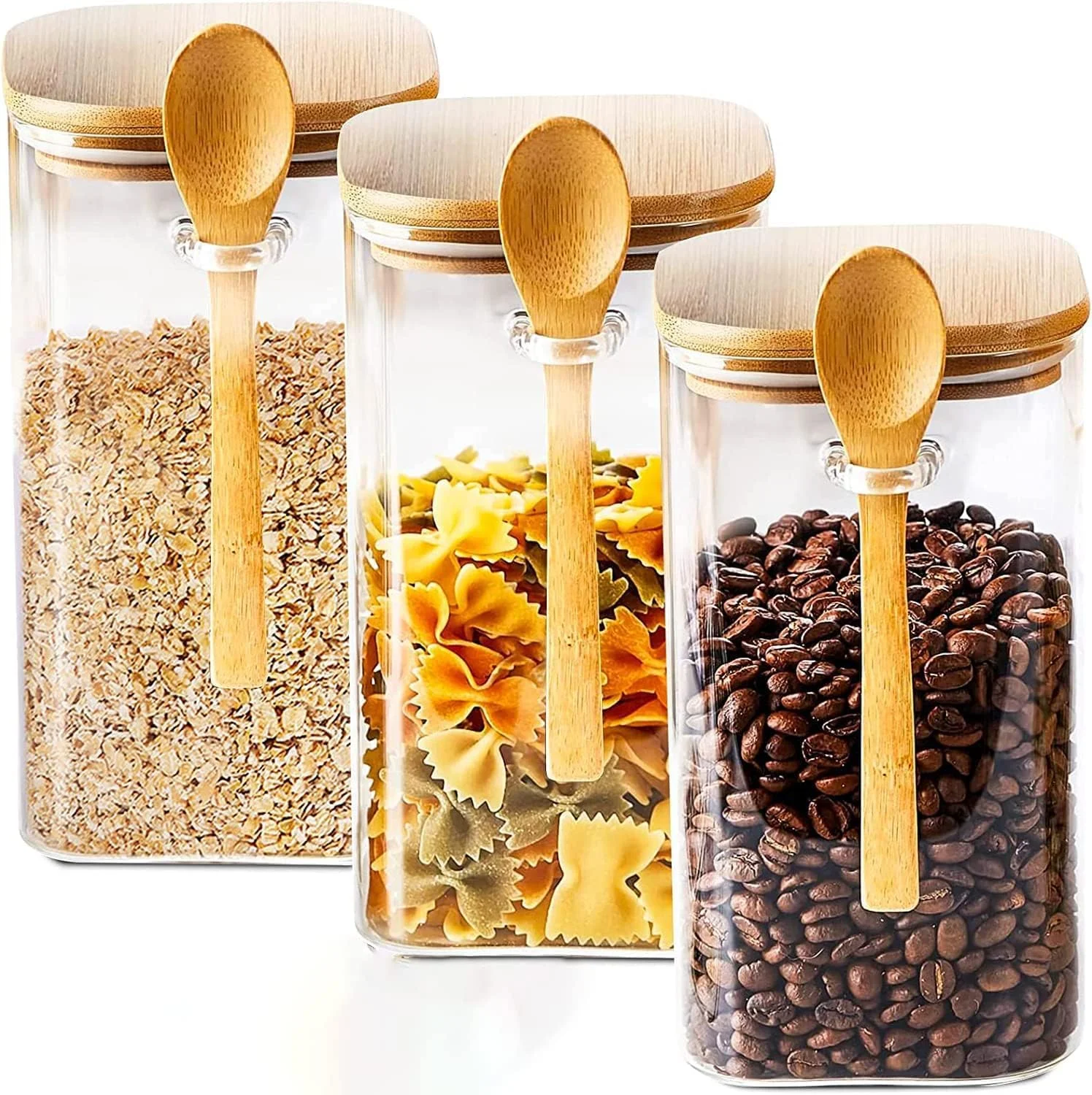 ست 3 عددی ظروف شیشه ای ذخیره سازی، ظروف شیشه ای شفاف، با درب های بامبو و قاشق بامبو، استفاده آسان، برای سرو چای، قهوه، آرد، شکر، آبنبات، کلوچه، ادویه