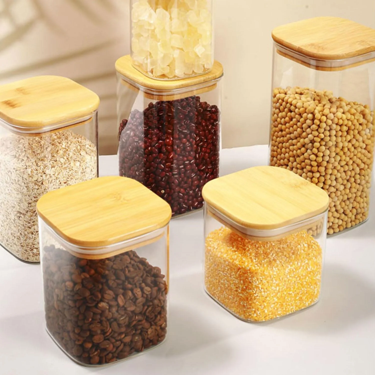 ظروف شیشه ای نگهداری مواد غذایی با درب بامبو، ست 6 عددی، شیشه های آشپزخانه درب دار برای مواد غذایی خشک، سازماندهی کابینت
