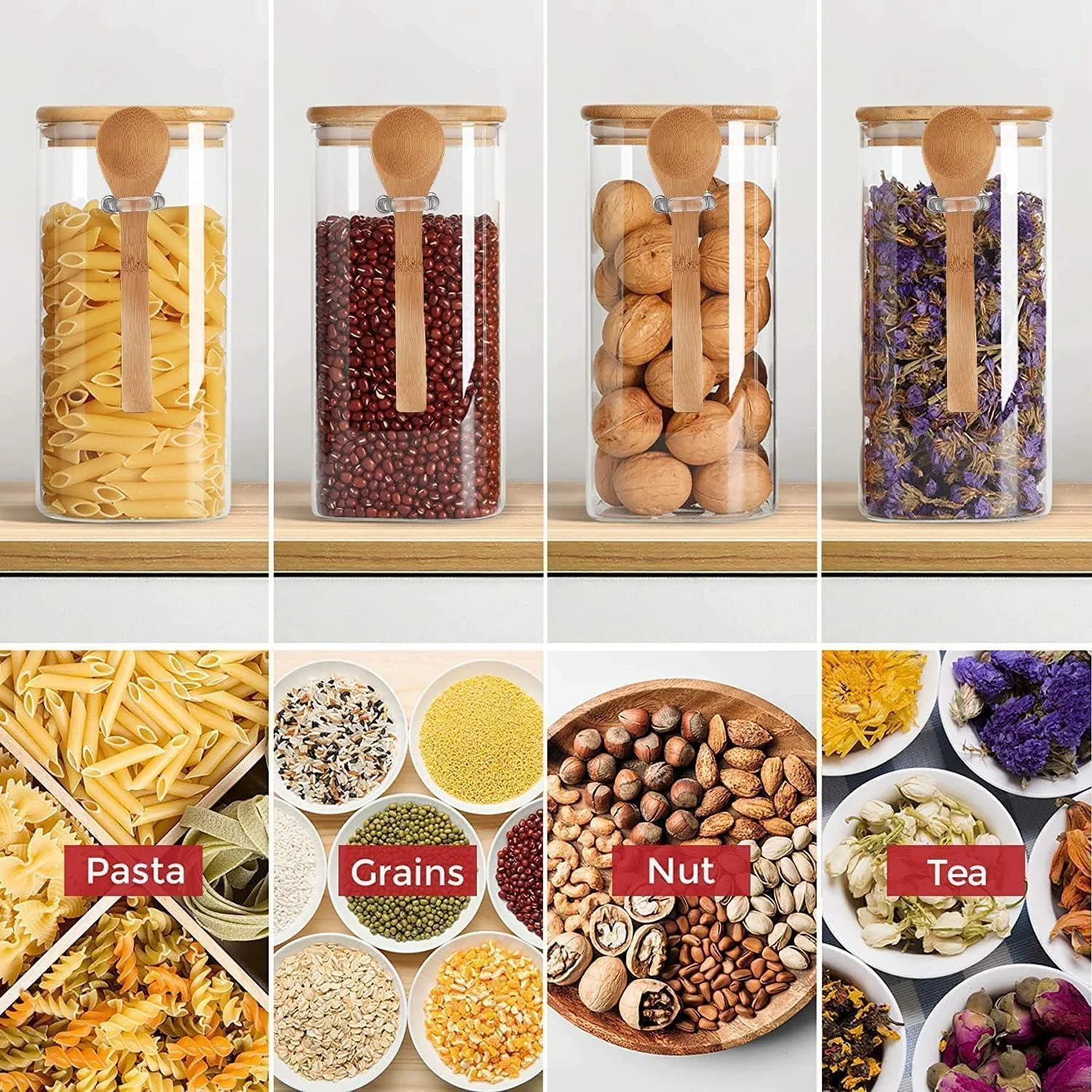 ست 3 عددی ظروف شیشه ای ذخیره سازی، ظروف شیشه ای شفاف، با درب های بامبو و قاشق بامبو، استفاده آسان، برای سرو چای، قهوه، آرد، شکر، آبنبات، کلوچه، ادویه