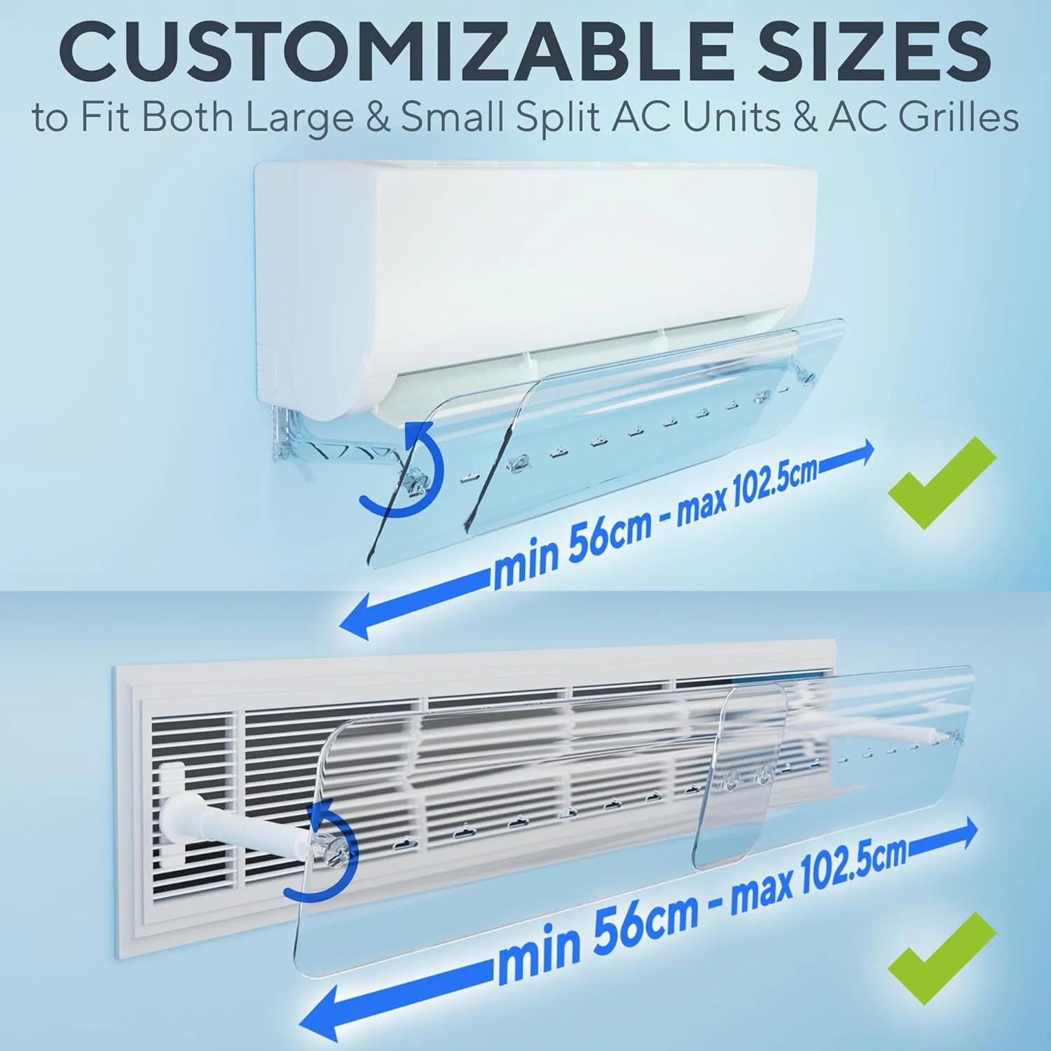 منحرف کننده کولر گازی اسپلیت مرکزی NEOBLOOM، منحرف کننده دریچه کولر گازی، شیشه جلوی قابل تنظیم 56-102.5 سانتی متر، منحرف کننده جریان هوای کولر گازی مرکزی، یونیورسال مناسب برای همه کولر گازی های اسپلیت، دریچه ها، توری ها