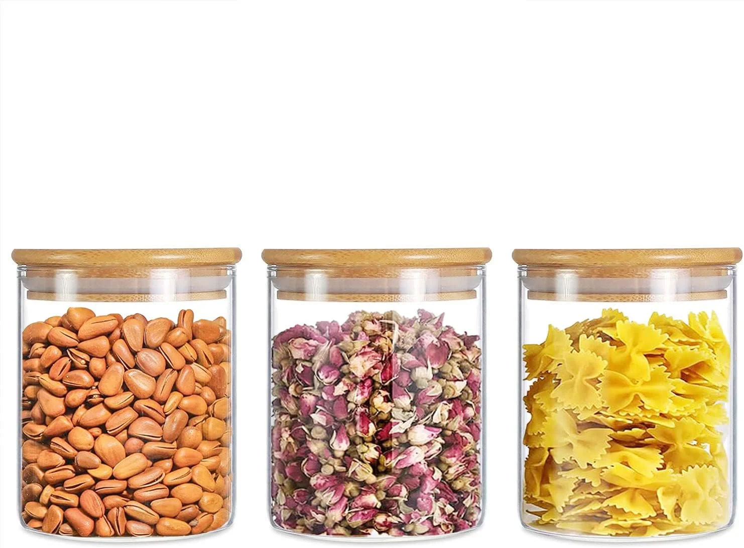 ست ظروف شیشه ای ذخیره سازی مواد غذایی TAPIT، ست جا ادویه ای، ست 3 تکه شیشه ای با درب های بامبو و برچسب های هواگیر، ظروف کوچک شفاف برای نگهداری مواد غذایی در کابینت برای چای، گیاهان دارویی، شکر و غیره... (3 تکه، 700 میلی لیتر)