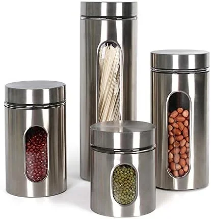 TAPIT Kitchen Canisters Set Visible Stainless Steel and Glass Canister with Window Kitchen Organisation Glass Jars with Airtight Lids Fit for Flour Cookies Spices Grains (B-950ml)