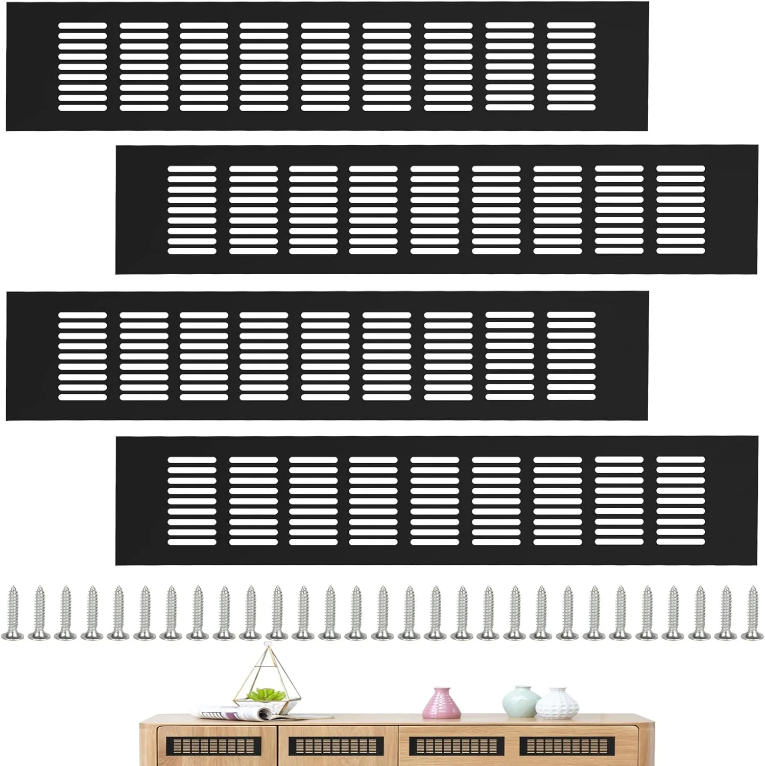 دریچه هوا CYEER، بسته 4 عددی، 80mmx400mm، پوشش دریچه هوا از جنس آلیاژ آلومینیوم مشکی، دریچه مستطیلی برای کمد لباس، جاکفشی، کابینت سینک دریچه هوا CYEER، بسته 4 عددی، 80mmx400mm، پوشش دریچه هوا از جنس آلیاژ آلومینیوم مشکی، دریچه مستطیلی برای کمد لباس، جاکفشی، کابینت سینک