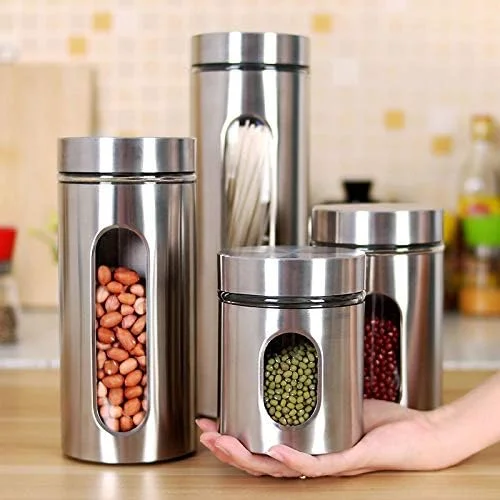 TAPIT Kitchen Canisters Set Visible Stainless Steel and Glass Canister with Window Kitchen Organisation Glass Jars with Airtight Lids Fit for Flour Cookies Spices Grains (B-950ml)