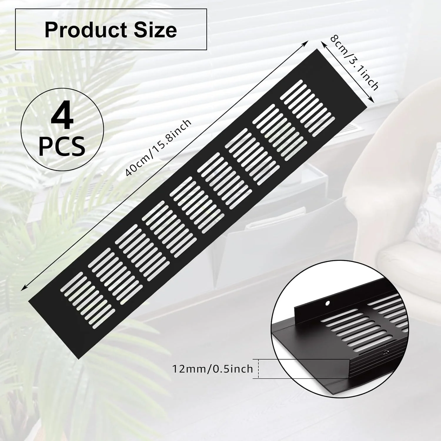 دریچه هوا CYEER، بسته 4 عددی، 80mmx400mm، پوشش دریچه هوا از جنس آلیاژ آلومینیوم مشکی، دریچه مستطیلی برای کمد لباس، جاکفشی، کابینت سینک