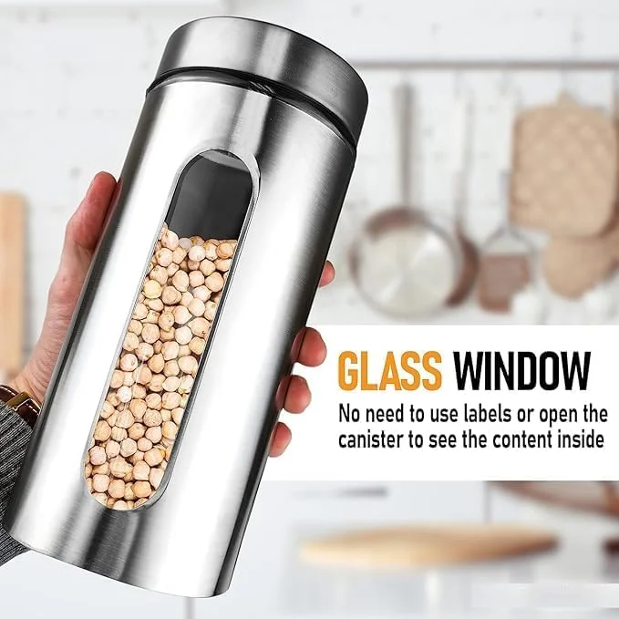 TAPIT Kitchen Canisters Set Visible Stainless Steel and Glass Canister with Window Kitchen Organisation Glass Jars with Airtight Lids Fit for Flour Cookies Spices Grains (B-950ml)